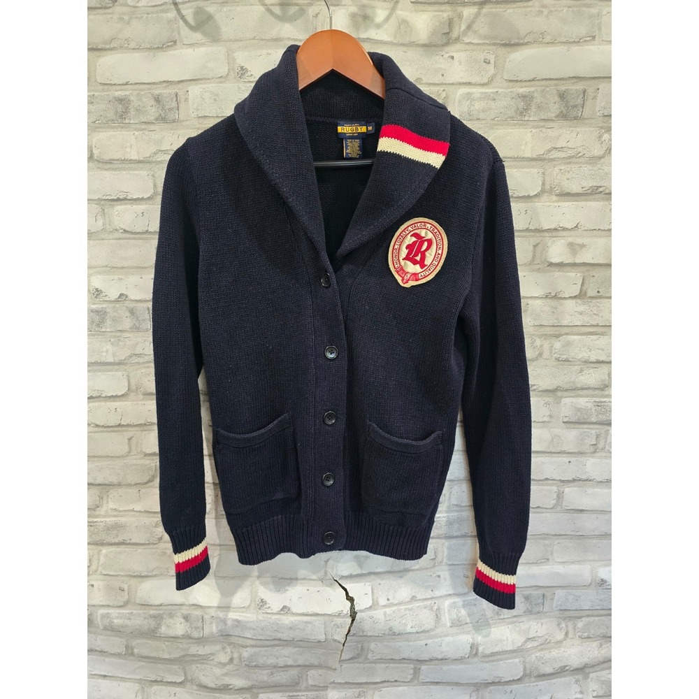 Ralph Lauren Rugby Size M Cardigan Sweater Navy Crest Linen Varsity Collegiate